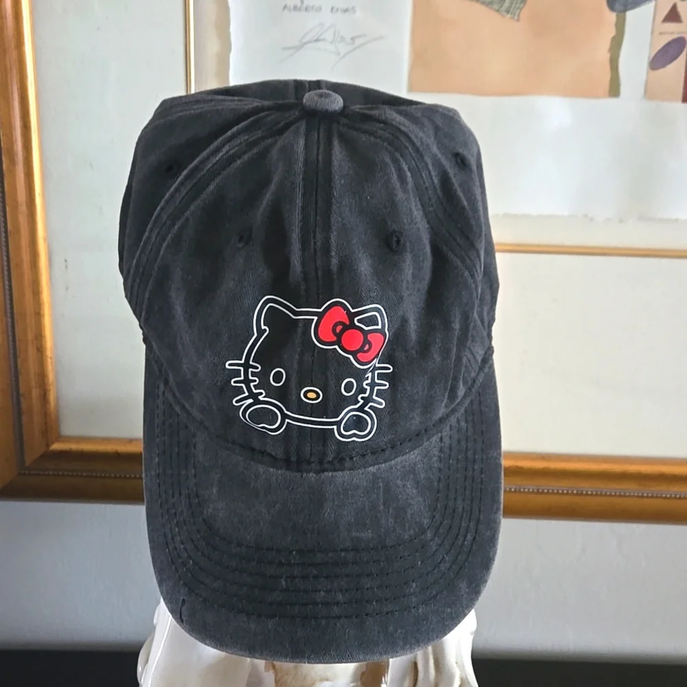 Hello Kitty stonewashed denim  Adjustable canvas embroidered kitty black/grey
